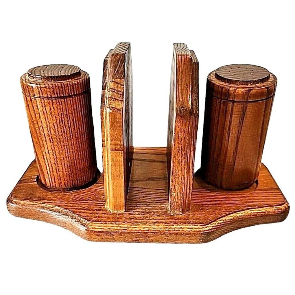 Oak Wood Napkin Holder Salt and Pepper Shaker Set Cornwall USA Vintage